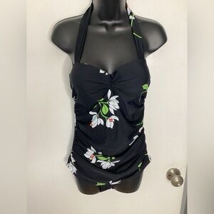 Black Floral Retro Halter One-Piece Swimsuit with Green Accents XL